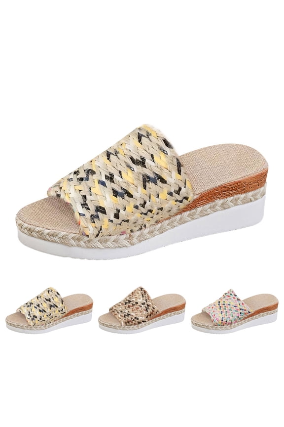 Platform Espadrille Sandals for Women Summer Beach Wedges Slides Woven Straw Vacation Shoes with Arch Support Gray 9.5