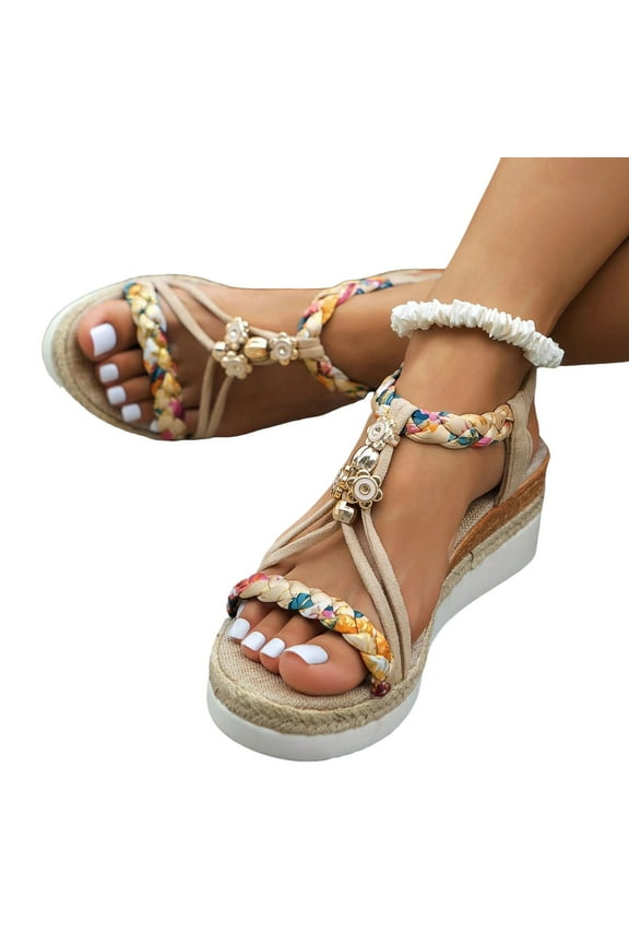 Platform Espadrilles Wedge Sandals for Women Beaded Strappy Bohemia Travel Shoes Dressy Walking Casual Slide Sandal Brown size 6-9.5
