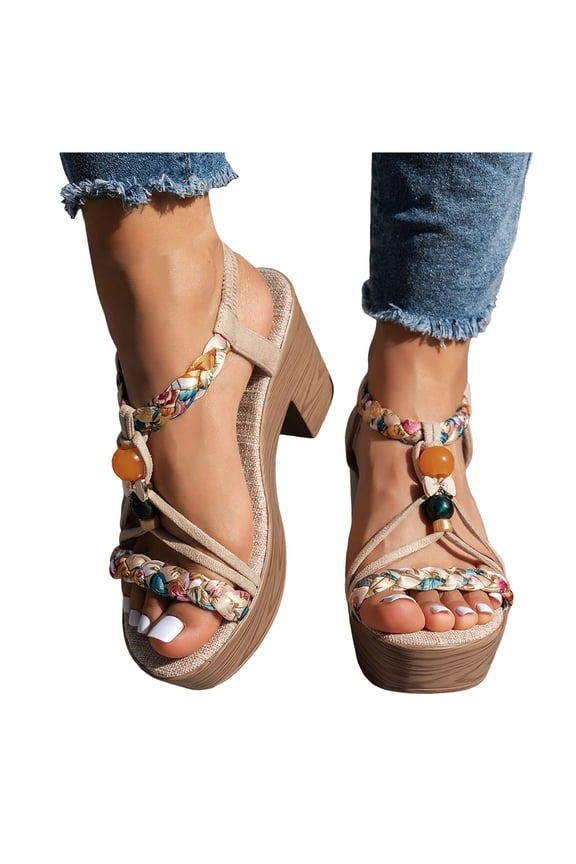 Platform Heeled Sandals for Women Summer Casual Bohemian Espadrille Wedge Sandal Beaded Ankle Strap Beach Shoes size 7.5 Orange