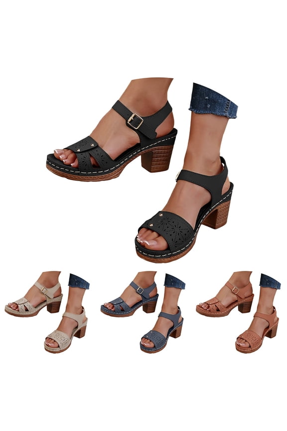Platform Heels for Women Chunky Block Heel Open Toe Slide Shoes Adjustable Ankle Strap Wide Width Wedge Sandal Black 7