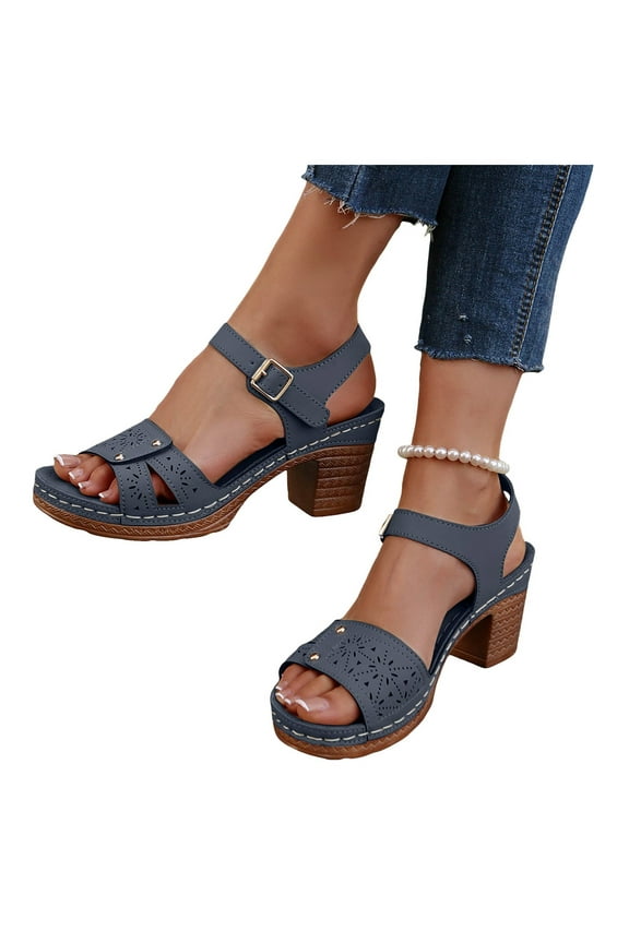 Platform Heels for Women Chunky Block Heel Open Toe Slide Shoes Adjustable Ankle Strap Wide Width Wedge Sandal Blue 7.5