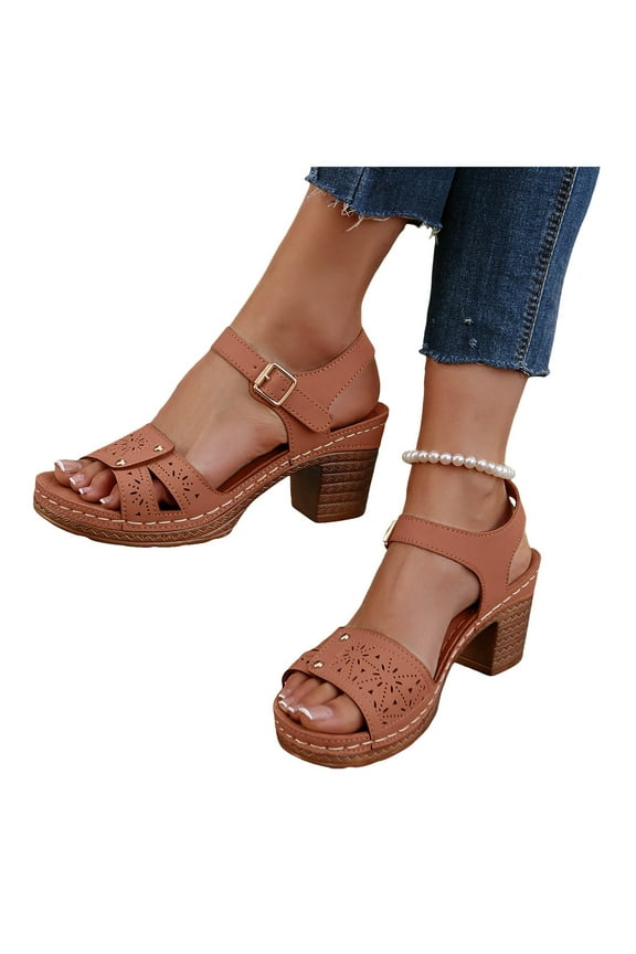 Platform Heels for Women Chunky Block Heel Open Toe Slide Shoes Adjustable Ankle Strap Wide Width Wedge Sandal Brown 8