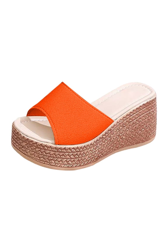 Platform Sandals Women 2026 Espadrille Wedge Slip on Slides Open Toe Canvas Beach Shoes Ladies Vacation Slippers size 6.5 Orange