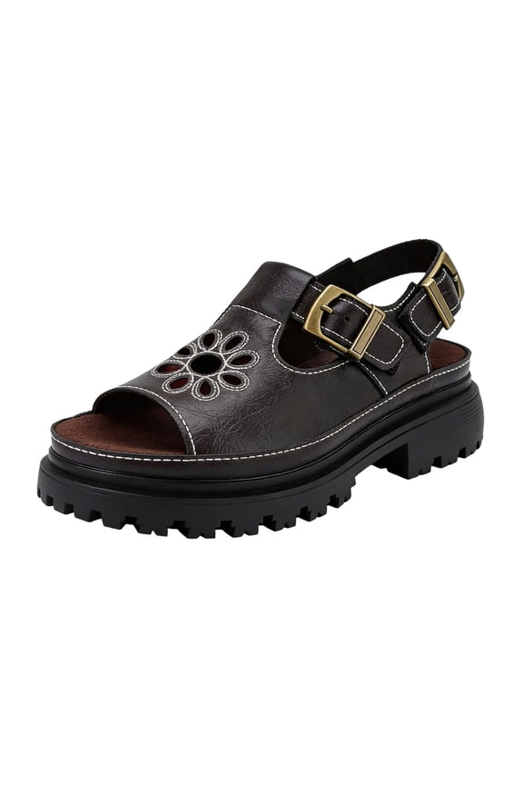 Platform Sandals for Women with Buckles Open Toe Slingback Leather Slides Flower Hollow Out Fisherman Walking Sandal size 6 Brown