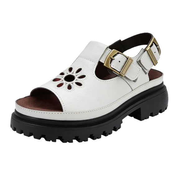 Modstep Platform Sandals for Women with Buckles Open Toe Slingback Leather Slides Flower Hollow Out Fisherman Walking Sandal size 7.5 White