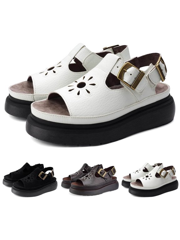 Platform Sandals for Women with Buckles Strap Open Toe Casual Flower Shoes Summer Comfortable Leather Walking Sandal size 7 Black