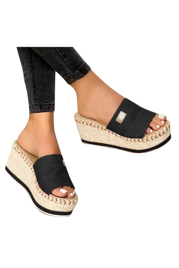 Platform Slip on Espadrille Sandals for Women Summer Wedges Slides Flatform Open Toe Arch Support Beach Wedding Slippers Shoes Black 8.5