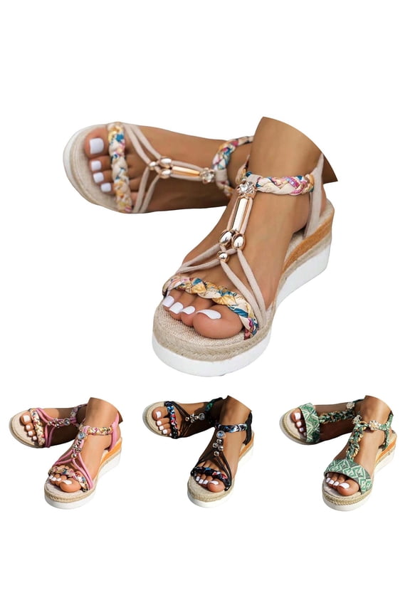 Platform Wedge Sandals for Women Bohemia Beaded Ankle Strap Sandal Arch Support Espadrilles Beach Shoes for Ladies Travel Beige 6