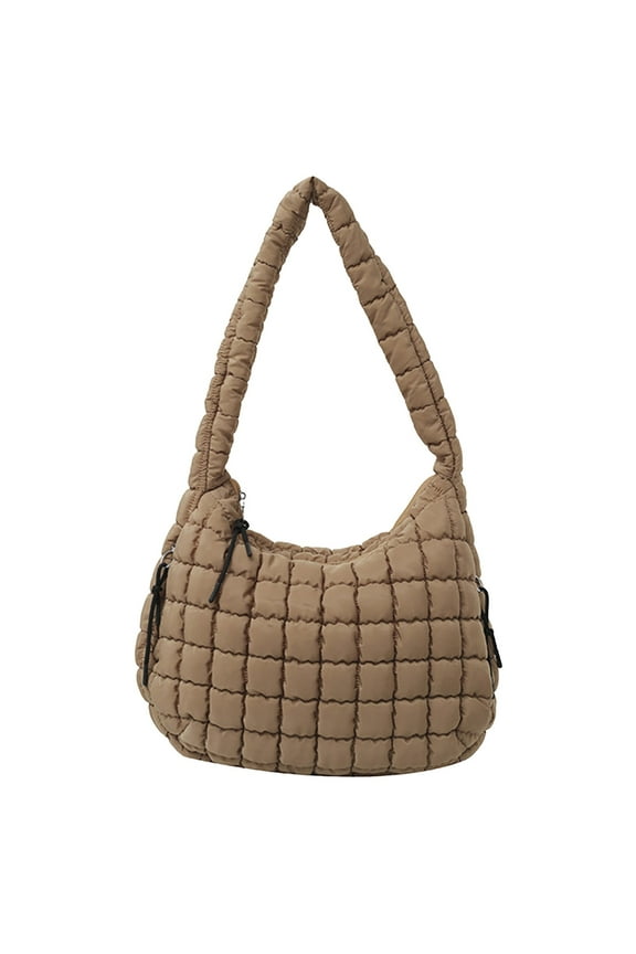 Women Quilted Puffy Tote Bag Cute Clouds Shoulder Bags Lightweight Bubble Ruffled Purse for Trip Shopping Brown