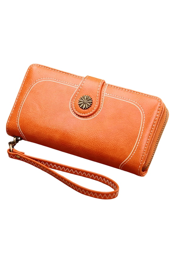 Retro Long Wallet for Women Leather RFID Blocking Zipper Wristlet Purse Ladies Multiple Card Slots Work Shopping Pocket Orange