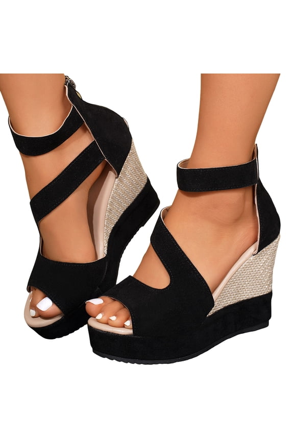 Sandals for Women 2026 Comfortable Wedge Platform Sandal Ankle Strap Open Toe Heels Ladies Summer Slip on Walking Shoes Black 7