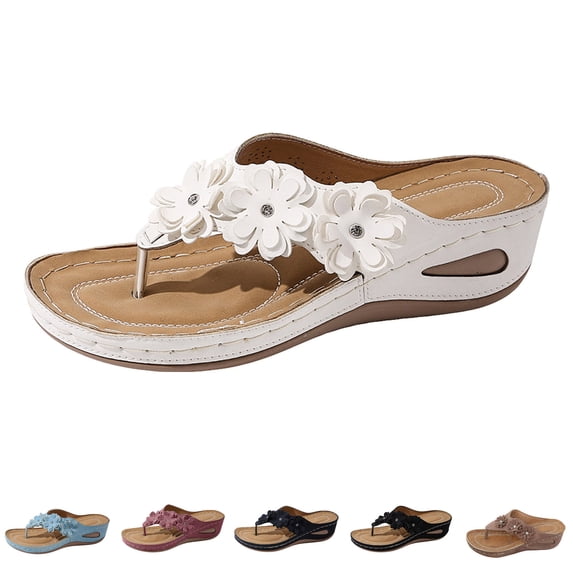 Modstep Sandals for Women Orthopedic Wedge Shoes Comfortable Dressy Summer Flower Flip Flops with Arch Support Non Slip Slides Black 8.5