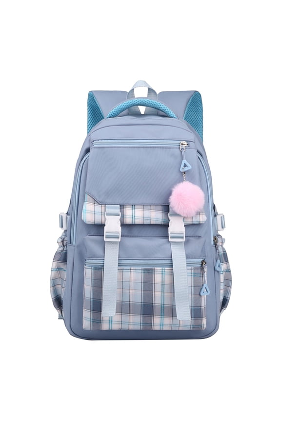School Backpack for Women Fashion College Large Capacity Plush Pendant Schoolbag Travel Daypack with Adjustable Strap Blue
