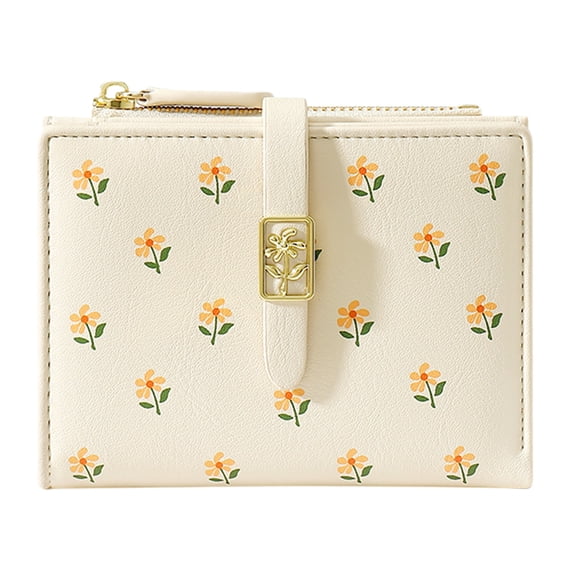 Modstep Short Wallet for Women Flower Print Leather RFID Blocking Credit Card Holder Bifold Purse Fashion Work Zip Clutch Pocket White