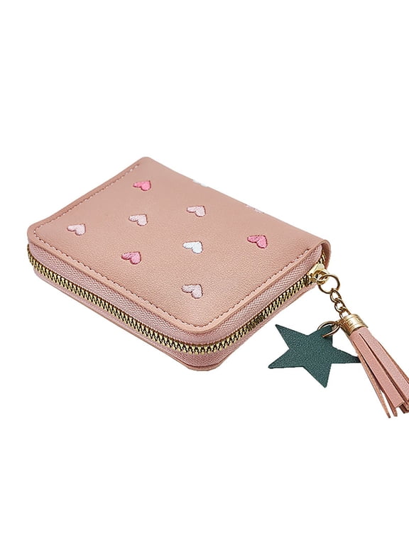 Short Wallet for Women Love Embroidery Bifold Card Holder Lightweight Compartment Purses with Tassel Zipper Pink