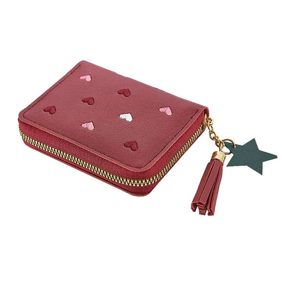Modstep Short Wallet for Women Love Embroidery Bifold Card Holder Lightweight Compartment Purses with Tassel Zipper Red