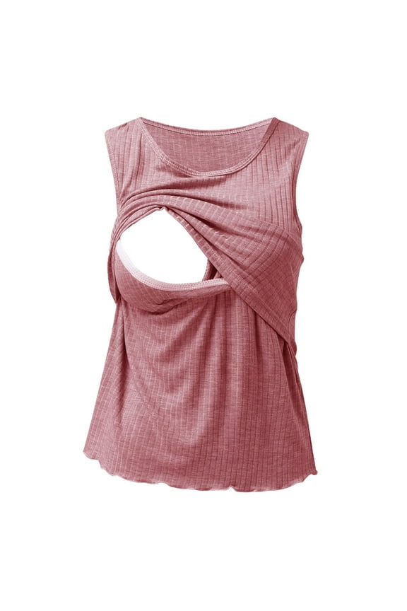 Sleeveless Ribbed Nursing Tank Tops with Padding Ladies Summer Sleeveless Soft Pregnancy Breastfeeding Loungewear Pink 2XL