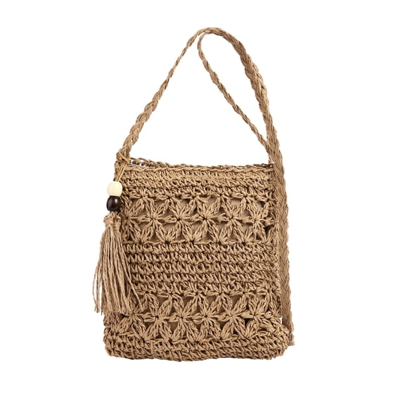 Modstep Small Straw Crossbody Bag for Women Weave Rattan Cellphone Shoulder Bag Summer Beach Purse with Tassel Brown