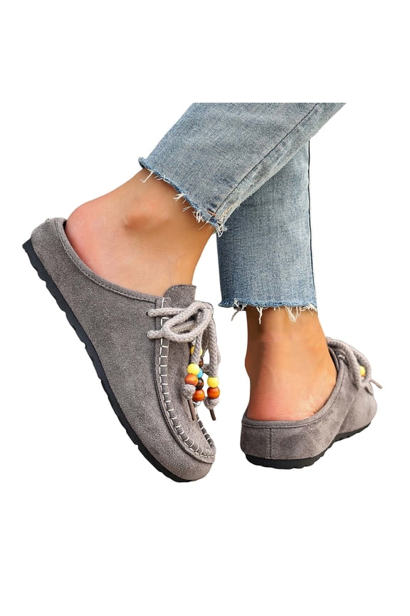 Suede Mules for Women Bootie Strappy Causal Flat Slip on Slides Ladies Closed Toe Comfortable Walking Sandals for Spring size 6 Grey