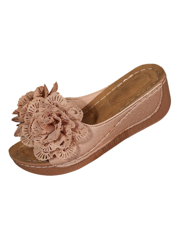 Summer Beach Sandals for Women Comfortable Open Toe Leather Wedge Slides with Arch Support Dressy Flower Platform Shoes size 6.5 Brown