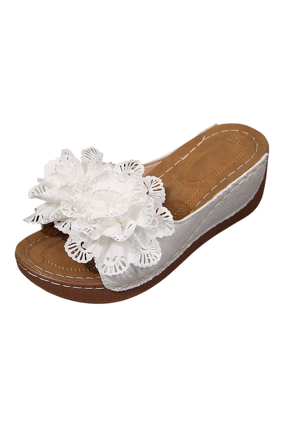 Summer Beach Sandals for Women Comfortable Open Toe Leather Wedge Slides with Arch Support Dressy Flower Platform Shoes size 8 White