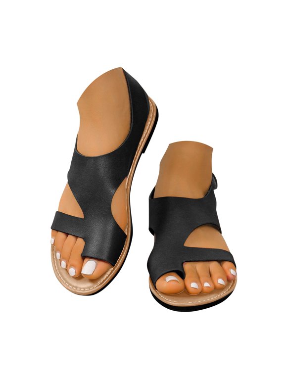 Summer Flat Sandals for Women Toe Ring Comfortable Walking Dressy Slides 2026 Orthopedic Leather Casual Shoes Size 6.5 Black