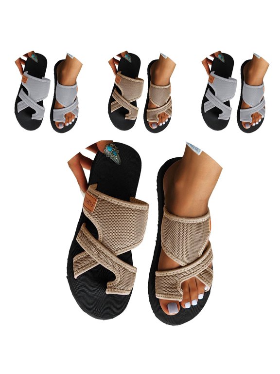 Summer Flat Sandals for Women and Men Breathable Comfortable Mesh Slip on Slides Toe Ring Beach Flip Flops for Outdoor Grey 7