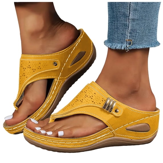 Modstep Womens Wedge Sandals Arch Support Dressy Summer Flip Flops Slip on Slides Ladies Vacation Beach Outdoor Wide Width Shoes Yellow 7