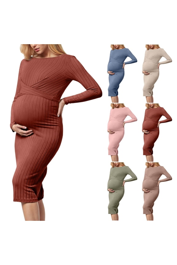 Sweater Dress for Women Long Sleeve Maternity Dress with Crew Neck and Slim Fit Ribbed Knit Maxi Dress for Fall Winter Beige L