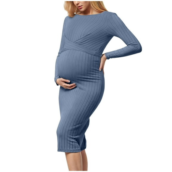 Lispipm Sweater Dress for Women Long Sleeve Maternity Dress with Crew Neck and Slim Fit Ribbed Knit Maxi Dress for Fall Winter Blue L