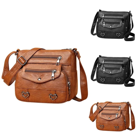 Modstep Vintage Leather Crossbody Bag for Women Soft Multiple Zip Pockets Shoulder Purses Ladies Heart Decor Work Tote Bags Black