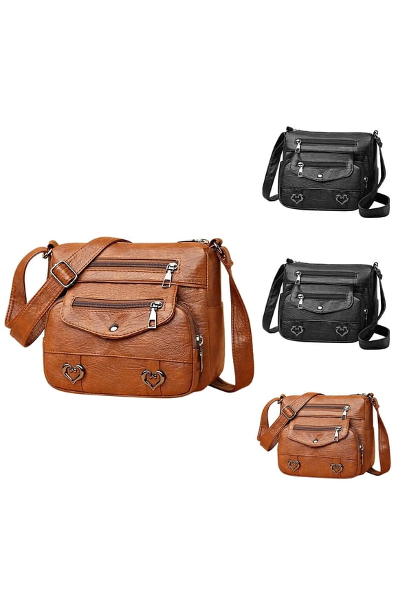 Vintage Leather Crossbody Bag for Women Soft Multiple Zip Pockets Shoulder Purses Ladies Heart Decor Work Tote Bags Black
