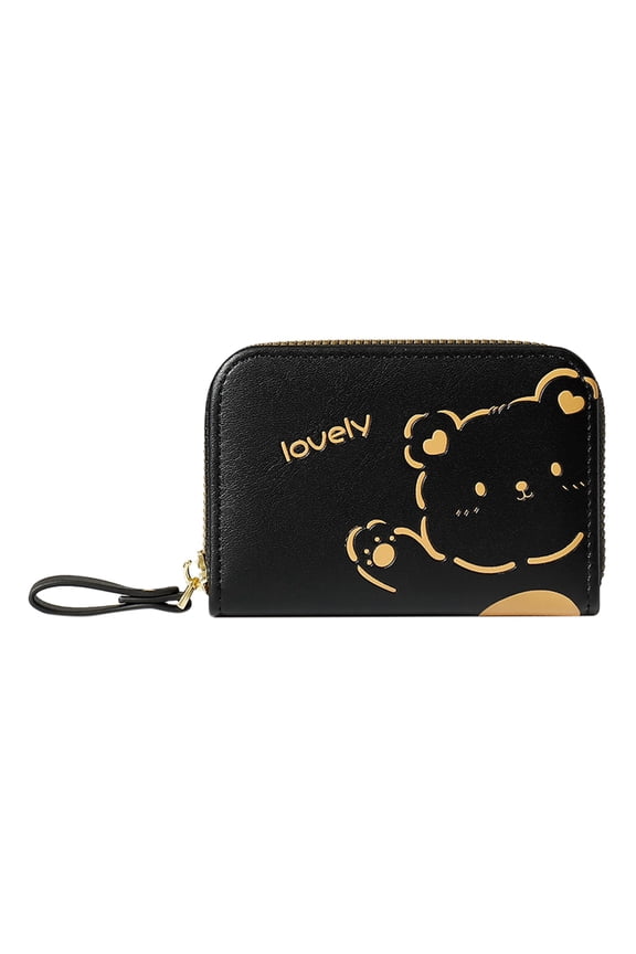 Wallet for Women Leather Zip Around Credit Card Holder Cute Cartoon Bear RFID Blocking Purse with Wristlet Black
