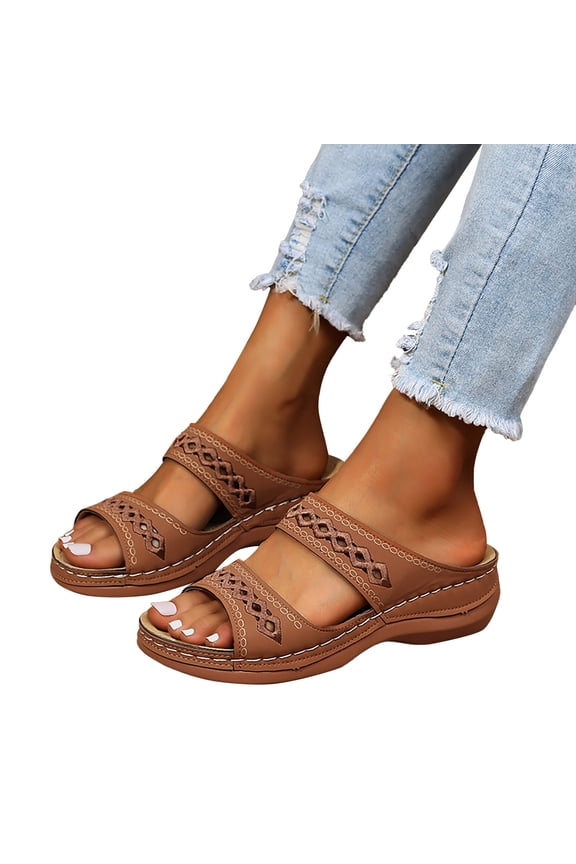 Orthopedic Sandals for Women 2026 Arch Support Wedge Slides Hollow Out Beach Slippers Rubber Sole Walking Shoes Size 9 Brown