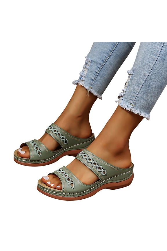 Wedge Sandals for Women 2026 Summer Arch Support Open Toe Slides Wide Width Beach Slippers Soft Rubber Sole Flat Shoes Green 7