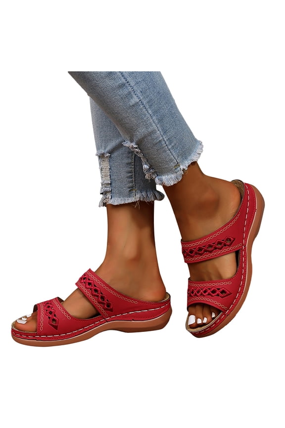 Wedge Sandals for Women 2026 Summer Arch Support Open Toe Slides Wide Width Beach Slippers Soft Rubber Sole Flat Shoes Red 9.5