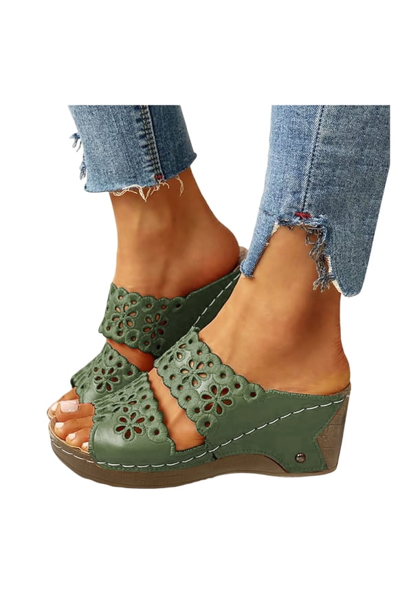 Wedge Sandals for Women Hollow Out Floral Cork Footbed Slip on Walking Slides with Arch Support Open Toe Platform Shoes Green 7.5