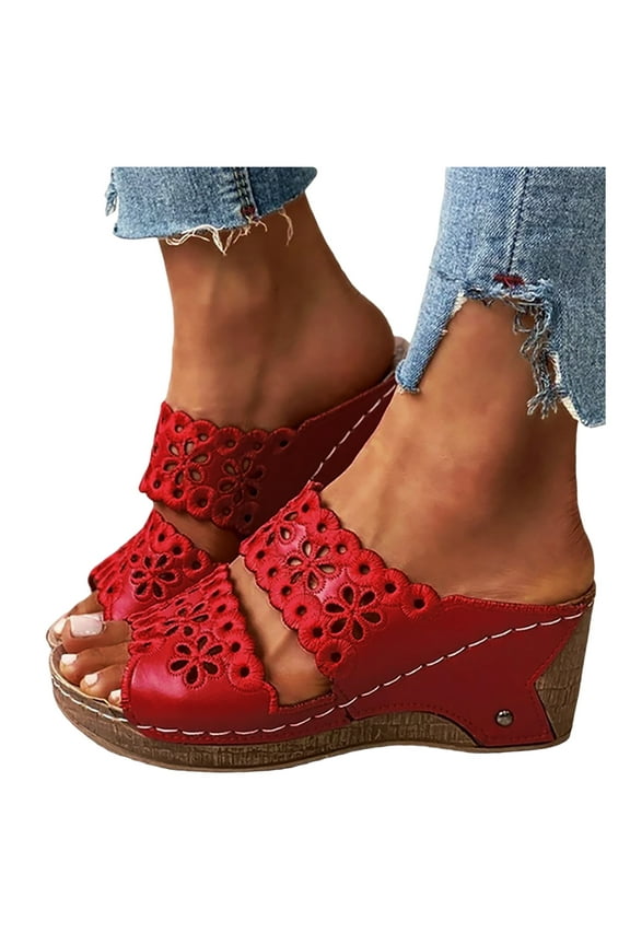 Wedge Sandals for Women Hollow Out Floral Cork Footbed Slip on Walking Slides with Arch Support Open Toe Platform Shoes Red 8.5