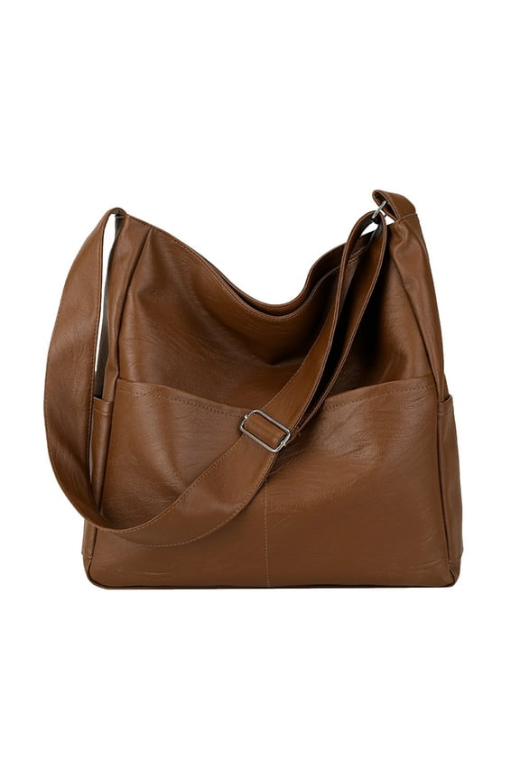 Woemn Leather Shoulder Bags with Side Pocket Slouchy Crossbody Tote Bags Ladies Work Adjustable Wide Strap Satchel Brown