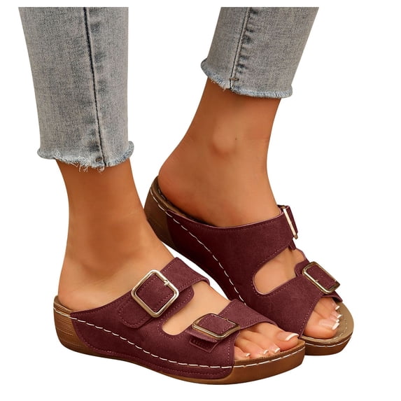 Modstep Women Arch Support Slides Orthopedic Wedge Sandals Double Buckles Strap Slip on Walking Shoes Casual Outdoor Slippers size 9.5 Red