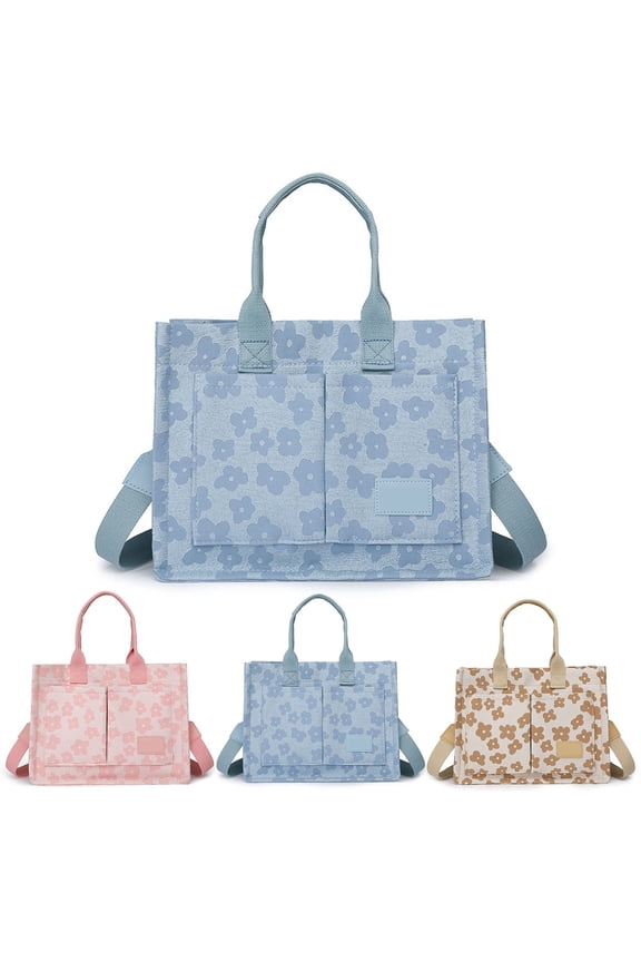 Women Canvas Tote Bags External Pockets Flower Pattern Detachable Strap Crossbody Handbag Top Handle Felted Shoulder Purse Blue