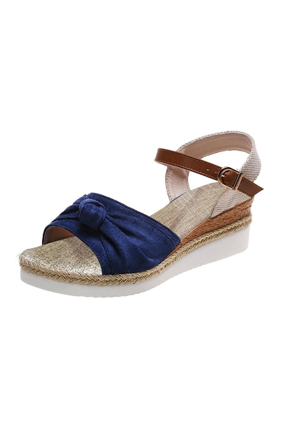 Women Espadrilles Platform Wedge Sandals 2026 Summer Casual Open Toe with Elastic Ankle Strap Canvas Walking Flat Shoes Blue 7