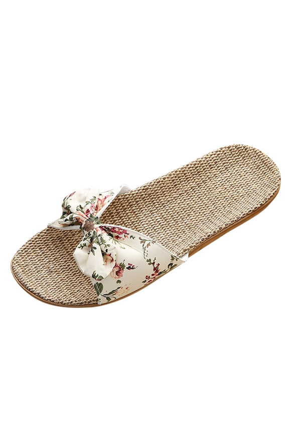 Women Flat Sandals Summer Dressy Bow Slip on Slides 2026 Ladies Crochet Beach Walking Non Slip Shoes for Vacation Beige 5.5-6