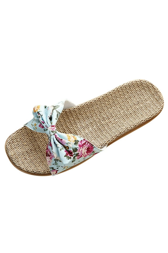 Women Flat Sandals Summer Dressy Bow Slip on Slides 2026 Ladies Crochet Beach Walking Non Slip Shoes for Vacation Blue 5.5-6