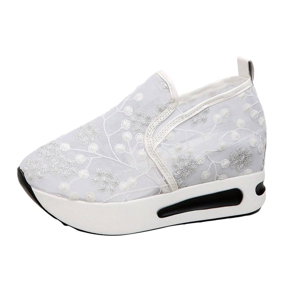 Modstep Women Floral Embroidery Platform Sneakers 2026 Spring Breathable Mesh Lace Shoes Arch Support Slip on Walking Shoe size 9 White
