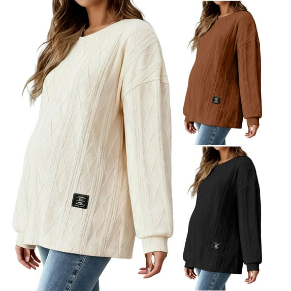 Modstep Women Knitted Sweater Tops for Maternity 2026 Fall Winter Thickened Crewneck Side Slit Loose Pregnancy Clothes Beige L