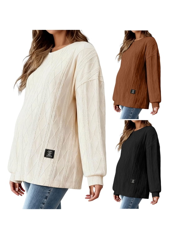 Women Knitted Sweater Tops for Maternity 2026 Fall Winter Thickened Crewneck Side Slit Loose Pregnancy Clothes Beige M