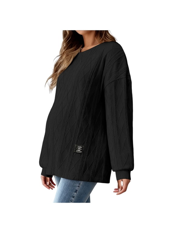 Women Knitted Sweater Tops for Maternity 2026 Fall Winter Thickened Crewneck Side Slit Loose Pregnancy Clothes Black M