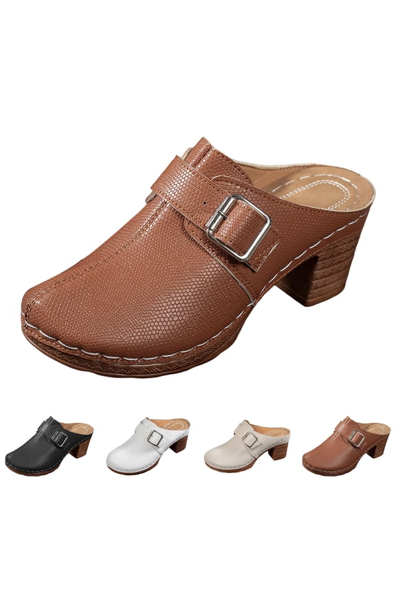 Women Leather Mules Closed Toe Chunky Heel Sandals Wide Widths Low Block Heels Clog Ladies Comfortable Walking Shoes size 6.5 Beige