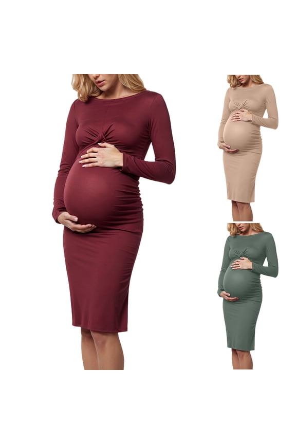 Women Maternity Sweater Dress Ribbed Knit Knee Length Long Sleeve Dresses Winter Warm Versatile Pregnant Clothes Green L